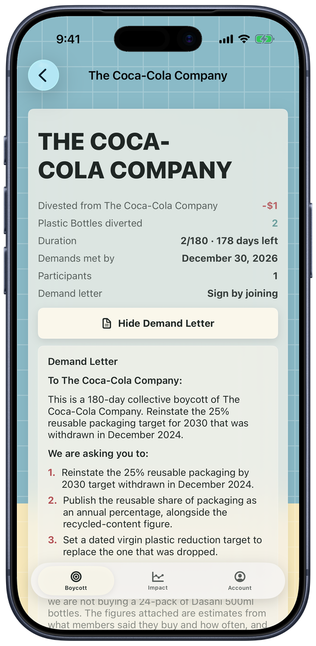 A boycott in the Loxley app, showing the demand letter addressed to The Coca-Cola Company and what the group has withheld so far.