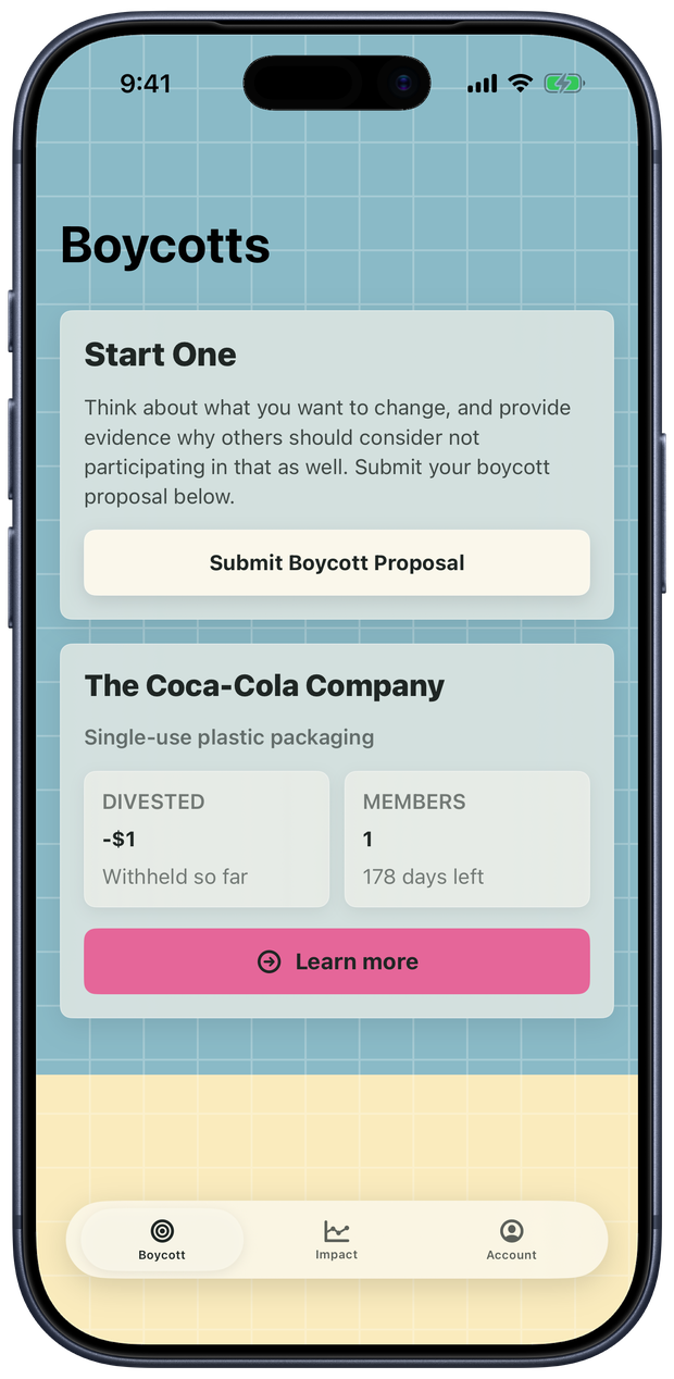 The Loxley app listing a running boycott of The Coca-Cola Company over single-use plastic packaging, with the amount withheld and the number of members.